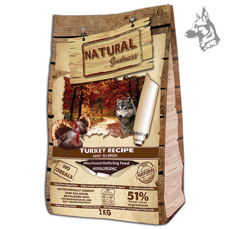 Saco de pienso Natural Greatness Salmon Recipe Medium & Large de 2 kg, diseñado para perros adultos de razas medianas y grandes.