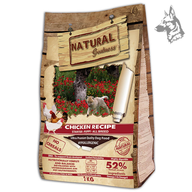 Saco de pienso Natural Greatness Chicken Recipe de 2 kg, diseñado para cachorros de todas las razas. Con 52% de ingredientes cár