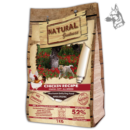 Saco de pienso Natural Greatness Chicken Recipe de 2 kg, diseñado para cachorros de todas las razas. Con 52% de ingredientes cár