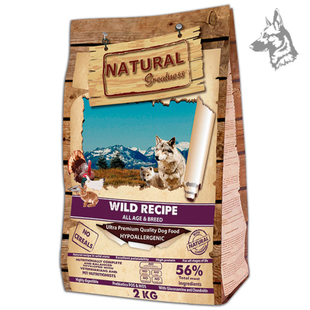Saco de pienso Natural Greatness Wild Recipe de 2 kg, diseñado para perros de todas las edades y razas. Con 56% de ingredientes 