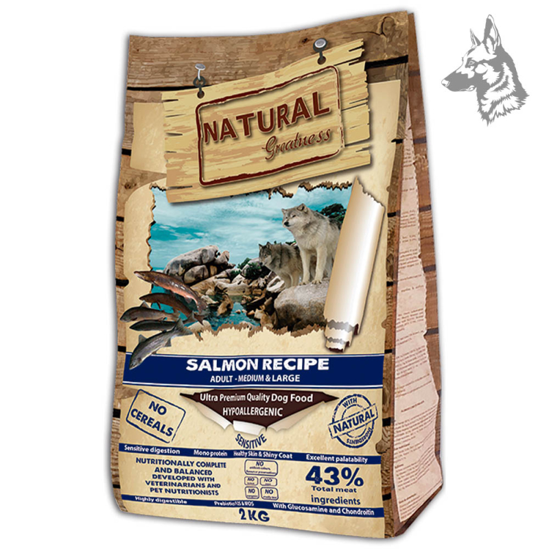 Saco de pienso Natural Greatness Salmon Recipe de 2 kg, diseñado para perros adultos de razas medianas y grandes. Receta sin cer