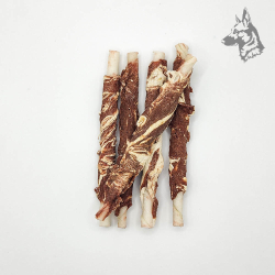 Rollito de ternera veteada: snack natural para perros, elaborado con piel de vacuno envuelta en ternera y pescado blanco. Ideal  2