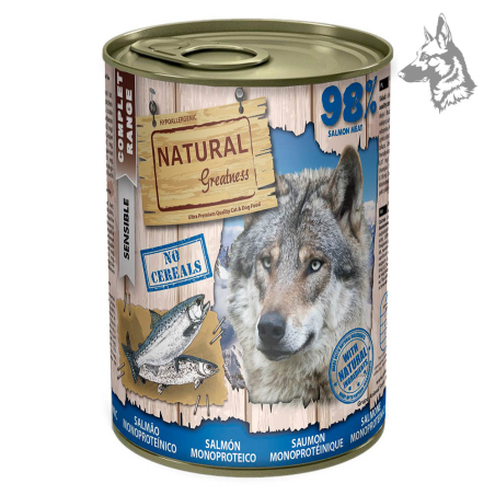Lata de comida húmeda Natural Greatness de salmón monoproteico para perros. Fórmula hipoalergénica sin cereales con 98% de carne