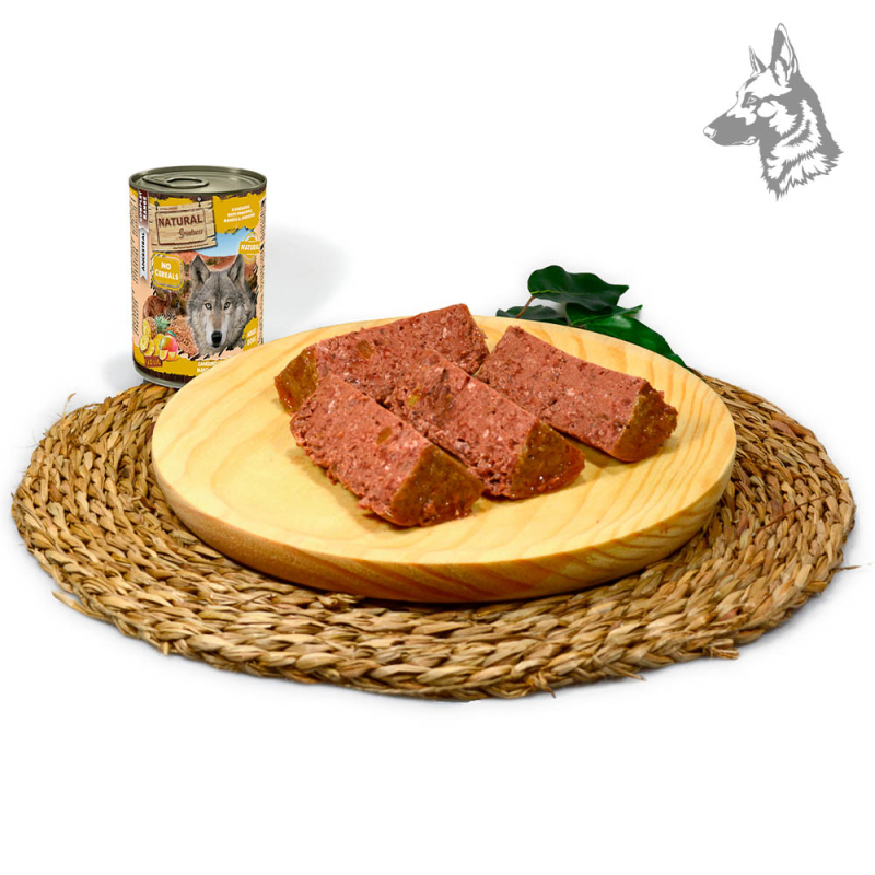 Comida húmeda Natural Greatness para perros adultos, receta exótica sin cereales con canguro, piña, mango y espirulina. Alimento