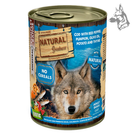 Comida húmeda Natural Greatness para perros adultos, receta hipoalergénica sin cereales con bacalao, pimiento rojo, calabaza, ac