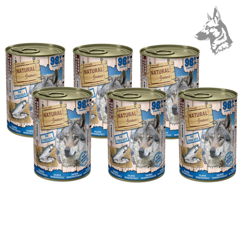Latas de comida húmeda Natural Greatness de salmón monoproteico para perros. Receta sin cereales, ideal para perros con sensibil