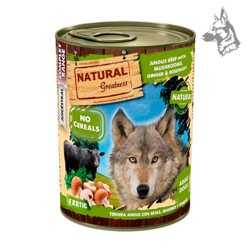 Lata de comida para perros Natural Greatness con receta de ternera Angus con setas, jengibre y romero. Alimento completo sin cer