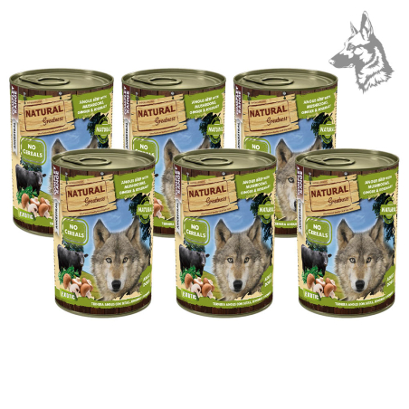 Pack de seis latas de comida húmeda Natural Greatness con ternera Angus, setas, jengibre y romero. Una opción nutritiva sin cere