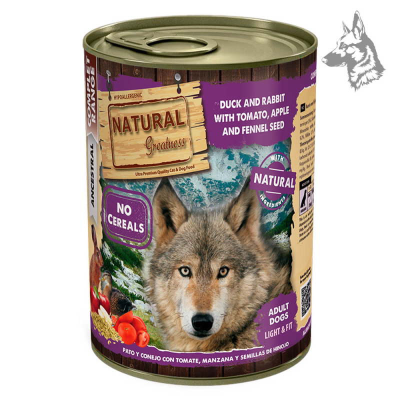 Lata de comida húmeda para perros Natural Greatness sabor pato y conejo con tomate, manzana y semillas de hinojo. Fórmula sin ce