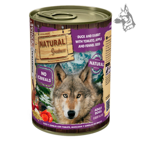Lata de comida húmeda para perros Natural Greatness sabor pato y conejo con tomate, manzana y semillas de hinojo. Fórmula sin ce