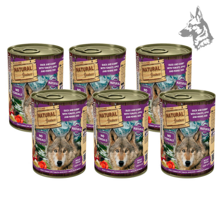 latas de comida húmeda Natural Greatness de pato y conejo con tomate, manzana y semillas de hinojo. Receta sin cereales, indicad