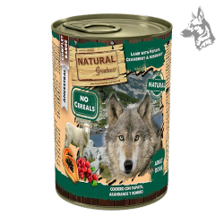 Lata de comida húmeda Natural Greatness de cordero con papaya, arándanos y romero. Alimento premium sin cereales para perros adu