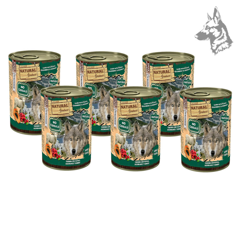 Lata de comida húmeda Natural Greatness de cordero con papaya, arándanos y romero. Alimento premium sin cereales para perros adu