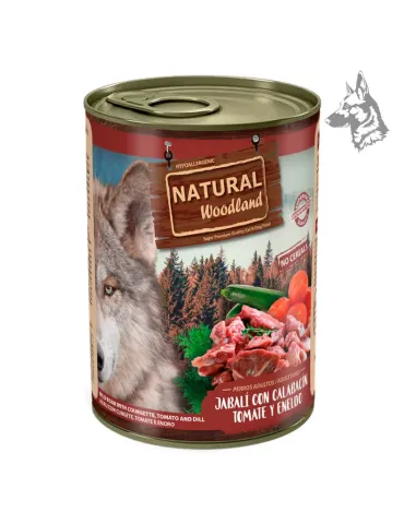 Natural Woodland jabalí con calabacín, tomate y eneldo — lata de comida húmeda de 400 g para perros adultos
