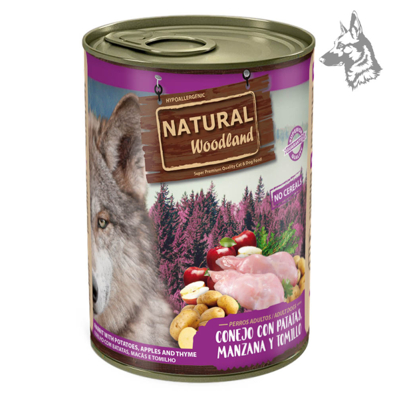 Comida húmeda Natural Woodland para perros adultos, receta sin cereales con conejo, patatas, manzana y tomillo. Alimento hipoale
