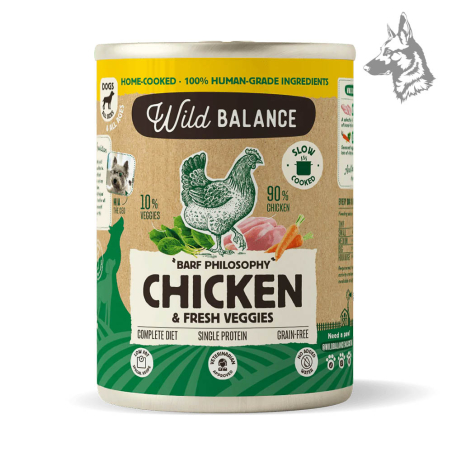 Pollo Filosofía BARF Wild Balance Lata 400g - Alimento húmedo para perros con 90% pollo y 10% verduras, sin cereales, cocinado a