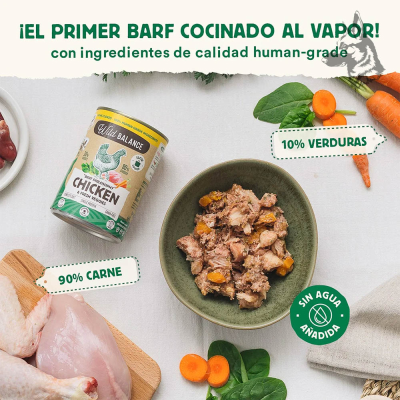 Comida Natural para Perros Pollo Wild Balance - Primer BARF cocinado al vapor, con ingredientes human-grade, 90% carne de pollo 