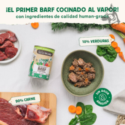 Lata de comida para perros Wild Balance Beef & Fresh Veggies con un diseño natural que destaca su contenido de 90% carne de res  2