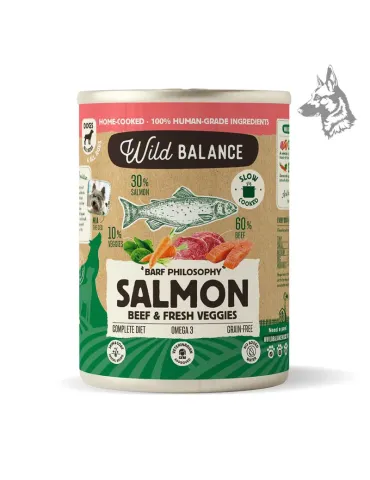 Wild Balance salmón y ternera, comida húmeda cocinada para perros en lata de 400 g