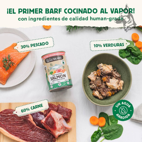 Composición de ingredientes frescos para la comida de perros Wild Balance BARF Philosophy, destacando un 30% de pescado, 60% de 