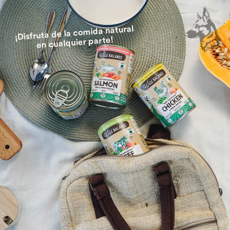 Varias latas de Wild Balance BARF Philosophy en una escena de picnic, destacando las opciones de salmón y ternera, pollo y carne