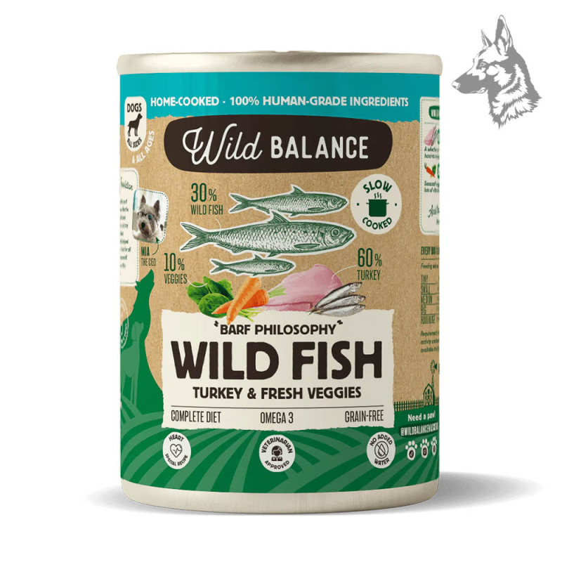 Pescado y Pavo BARF Wild Balance Lata de comida natural para perros Wild Balance con pescado salvaje y pavo, filosofía BARF, sin