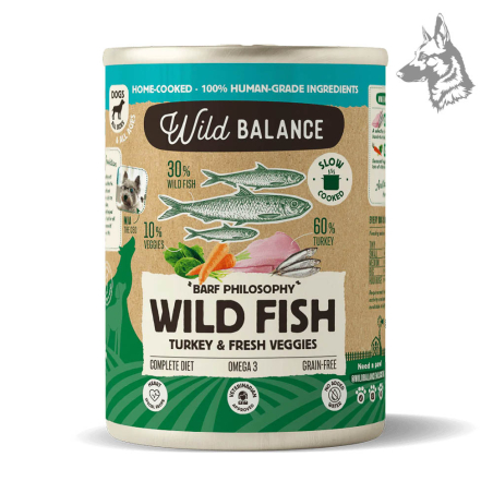 Pescado y Pavo BARF Wild Balance Lata de comida natural para perros Wild Balance con pescado salvaje y pavo, filosofía BARF, sin