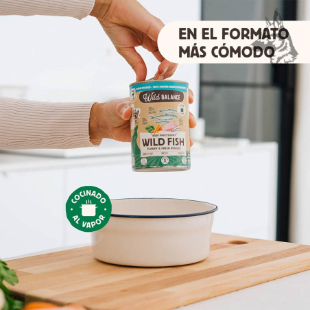 Pescado y Pavo BARF Wild Balance (formato práctico) Lata de comida BARF para perros cocinada al vapor, lista para servir. Alimen