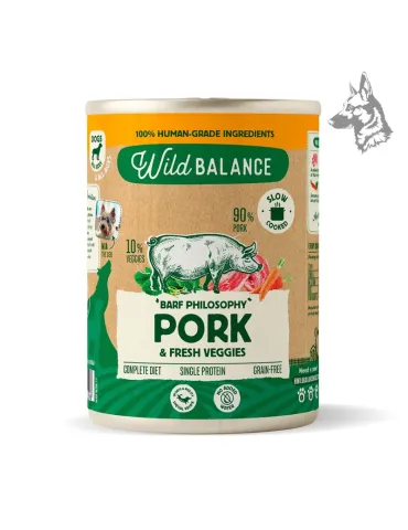 Wild Balance cerdo, comida húmeda cocinada para perros en lata de 400 g