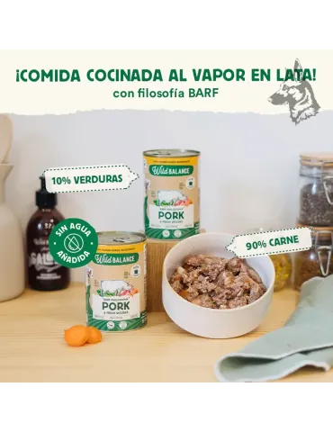 Wild Balance cerdo, comida húmeda cocinada para perros en lata de 400 g 2
