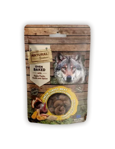 Galletas horneadas digestivas para perros Natural Greatness con carne de pavo, calabaza, boniato y quinoa, sin cereales, 100g