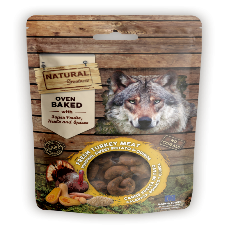 Galletas horneadas digestivas para perros Natural Greatness con carne de pavo, calabaza, boniato y quinoa, sin cereales, 100g