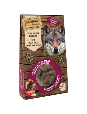 Galletas horneadas naturales para perros Natural Greatness con carne fresca de pavo, manzana y arándanos, apoyo antioxidante, si