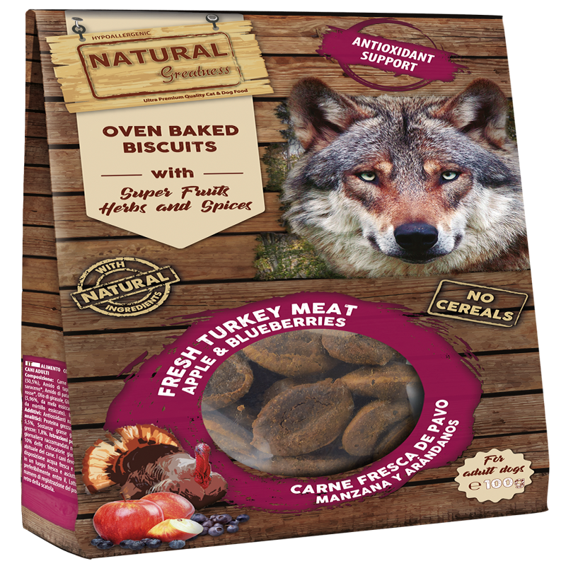 Galletas horneadas naturales para perros Natural Greatness con carne fresca de pavo, manzana y arándanos, apoyo antioxidante, si