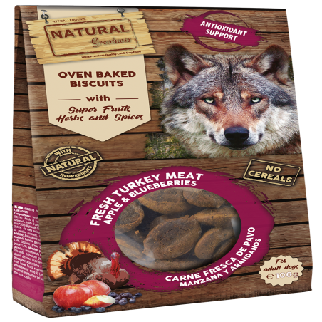 Galletas horneadas naturales para perros Natural Greatness con carne fresca de pavo, manzana y arándanos, apoyo antioxidante, si