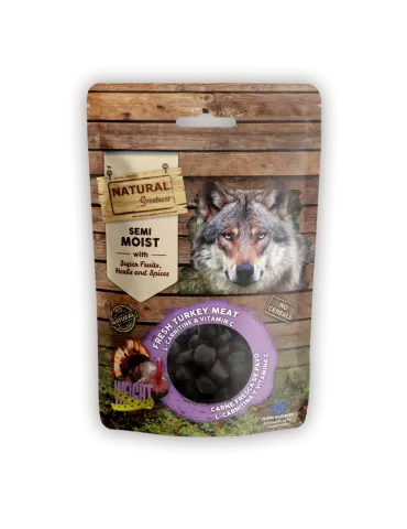 Natural Greatness Semi Moist Bits Weight Control para perros, snacks semihúmedos con carne fresca de pavo, L-carnitina y vitamin
