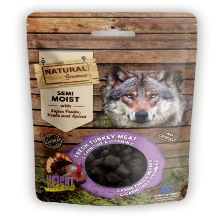 Natural Greatness Semi Moist Bits Weight Control para perros, snacks semihúmedos con carne fresca de pavo, L-carnitina y vitamin