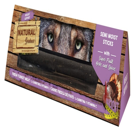Sticks semihúmedos para perros Natural Greatness Control de Peso, con carne de pavo, L-carnitina y vitamina C, ideales para mant