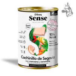 Lata de comida para perros Dibaq Sense con cochinillo de Segovia, manzana y zanahoria. Producto 100% natural, sin cereales, hipo