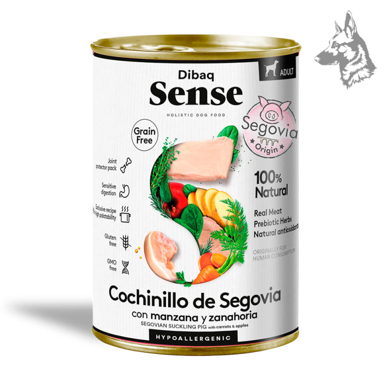 Lata de comida para perros Dibaq Sense con cochinillo de Segovia, manzana y zanahoria. Producto 100% natural, sin cereales, hipo