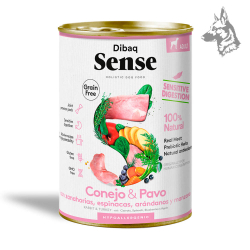 Lata de comida para perros Dibaq Sense con conejo y pavo, enriquecida con zanahorias, espinacas, arándanos y manzana. Fórmula 10