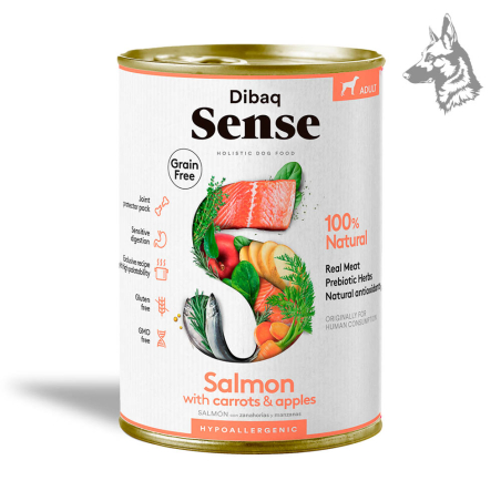 Dibaq Sense Salmón con Zanahorias y Manzana Receta hipoalergénica a base de salmón, rica en ácidos grasos esenciales para la pie