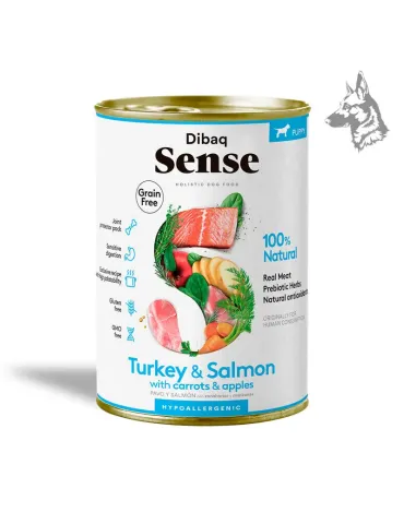 Dibaq Sense Puppy Salmón y Pavo, lata de comida húmeda sin cereales de 380 g