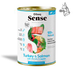 Dibaq Sense Pavo y Salmón Cachorro con Zanahorias y Manzana Alimento húmedo diseñado para cachorros, con una combinación de pavo