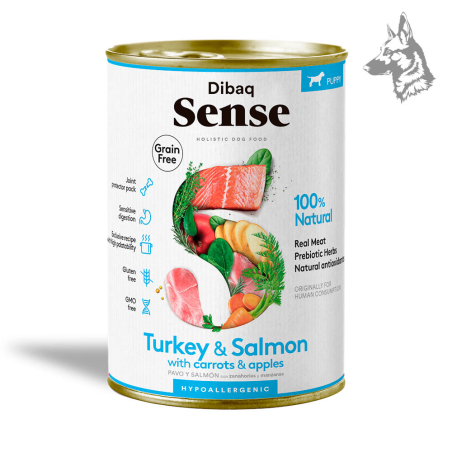 Dibaq Sense Pavo y Salmón Cachorro con Zanahorias y Manzana Alimento húmedo diseñado para cachorros, con una combinación de pavo