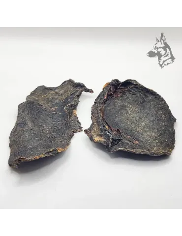 Corazón de caballo deshidratado en primer plano, resaltando su calidad como snack proteico.