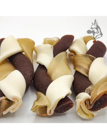 Maxi Trenza de Ternera: snack natural para perros, elaborado con piel de vacuno y ternera prensada. Textura duradera ideal para 