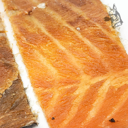 Detalle de la piel de salmón con su textura escamosa y tonos anaranjados y oscuros.