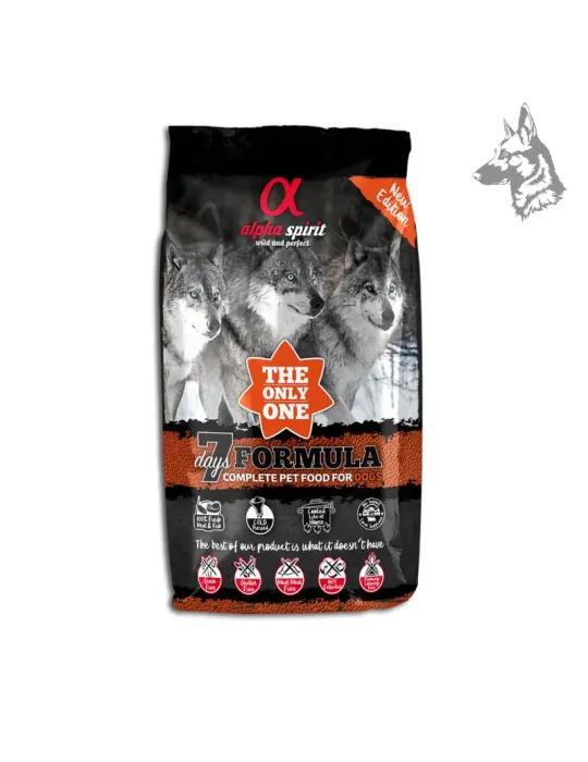 Bolsa de pienso Alpha Spirit 7 Days Formula, una receta nutritiva con carne fresca y sin gluten, diseñada para la alimentación d