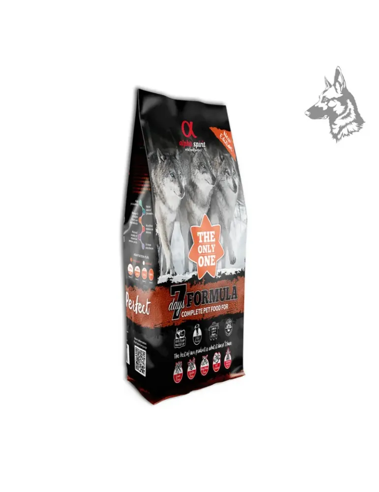 Vista lateral del saco de Alpha Spirit 7 Days Formula, destacando sus beneficios nutricionales y composición saludable para perr